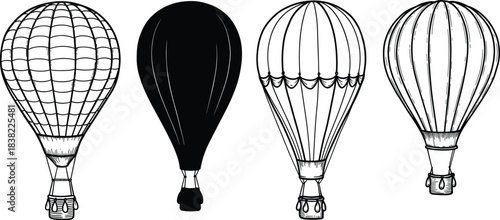 Hand drawn hot air balloon illustration set, vintage sketch style, retro travel design, black silhouette, airship flight collection vector