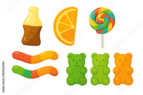 Assortment of colorful gummy candies, lollipop, and sweet treats on a white background