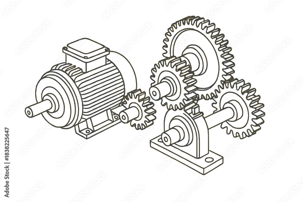 Fototapeta premium Industrial electric motor coupled with a complex gear train mechanism technical view