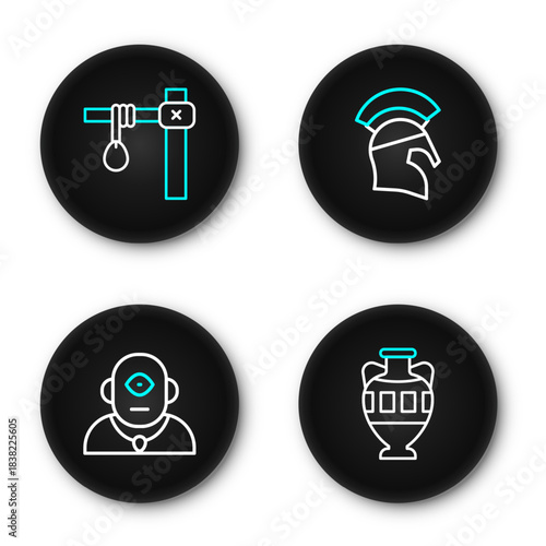 Set line Ancient amphorae, Cyclops, Greek helmet and Gallows icon. Vector