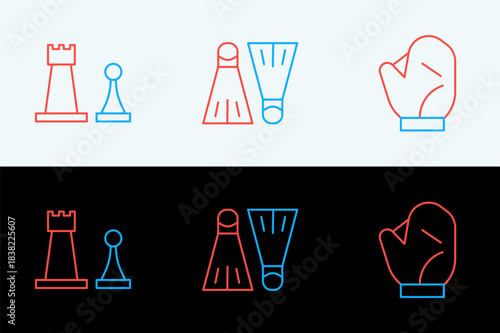 Set line Baseball glove, Chess and Rubber flippers for swimming icon. Vector