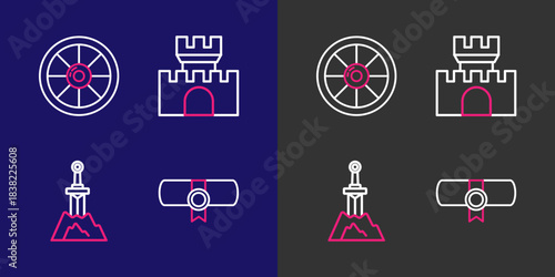 Set line Decree, parchment, scroll, Sword in the stone, Castle, fortress and Round wooden shield icon. Vector