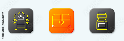 Set line Medieval throne, Antique treasure chest and Poison in bottle icon. Vector