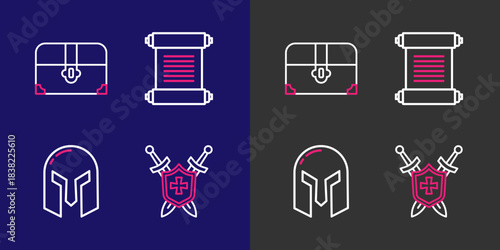 Set line Medieval shield with swords, iron helmet, Decree, parchment, scroll and Antique treasure chest icon. Vector