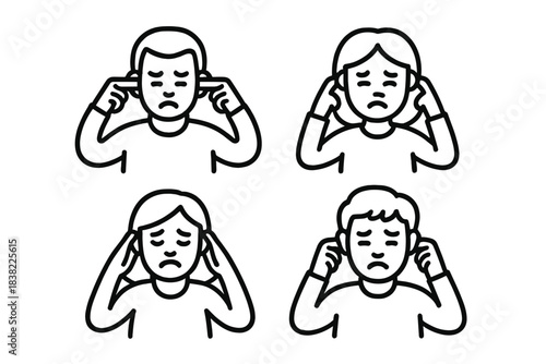 Outline avatars of people covering their ears due to loud sound or headache pain