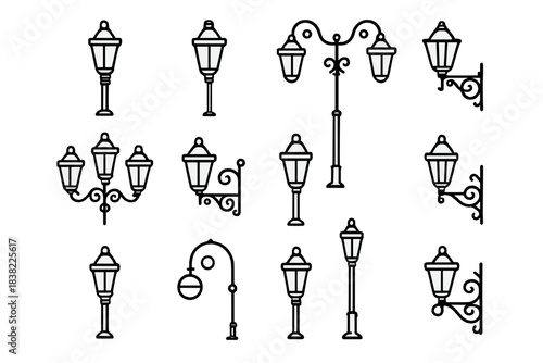 Set of vintage outdoor lighting fixtures, streetlights, lampposts, and wall sconces