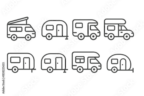 Set of outline symbols for recreational vehicles, motorhomes, campers, and travel trailers