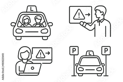 Driving school icons set showing student car, instructor, theory class, and parking practice