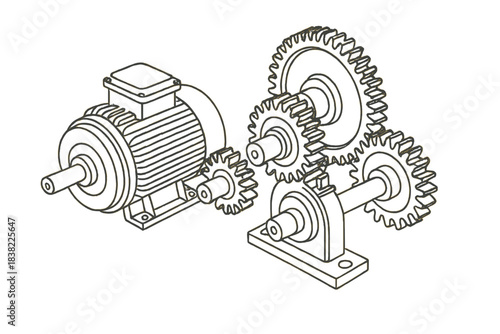 Industrial electric motor coupled with a complex gear train mechanism technical view