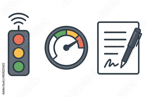 Wireless traffic signal, speed performance gauge, and signed legal document symbols
