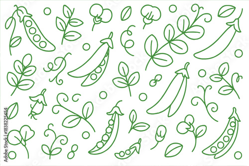 Detailed green outline seamless pattern featuring fresh pea pods, leaves, and plant elements