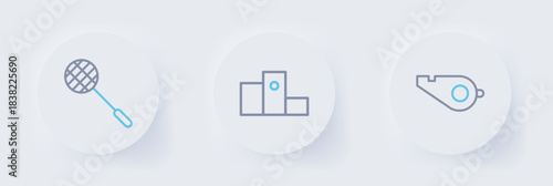 Set line Whistle, Award over sports winner podium and Tennis racket icon. Vector