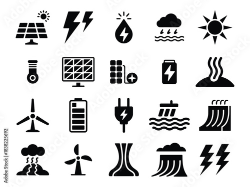 Renewable Energy Icons Set Featuring Solar Power, Wind Turbines, Hydropower, Battery Storage and Sustainable Resources