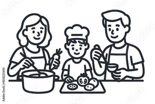 Happy family preparing dinner together with fresh vegetables and cooking pot