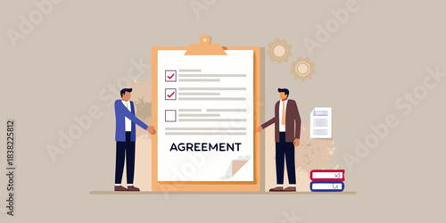 Two businessmen finalizing an agreement with a checklist and handshake