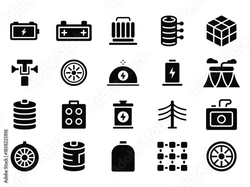 Energy Storage Bundle Set Featuring Batteries, Power Cells, Grid Systems, Capacitors, Turbines and Renewable Technology Symbols