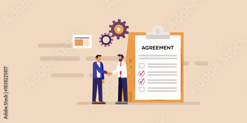 Business agreement negotiation and successful partnership illustrated with gears and a checklist