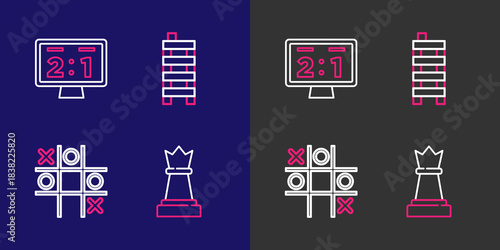Set line Chess, Tic tac toe game, Mahjong pieces and Sport mechanical scoreboard icon. Vector