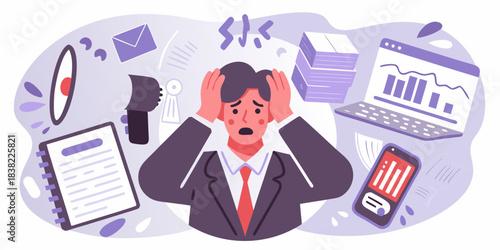 Overwhelmed professional dealing with stress and multiple work tasks