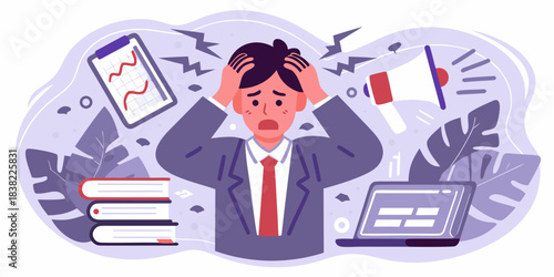 Overwhelmed businessman experiencing stress with work technology and multiple tasks