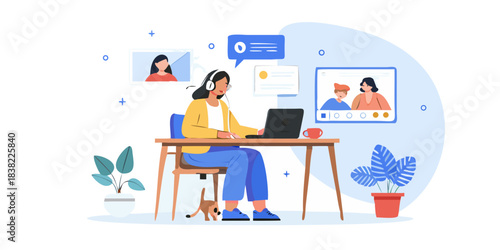 Woman working remotely connecting with colleagues through video conferencing and online tools