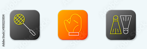 Set line Tennis racket, Baseball glove and Rubber flippers for swimming icon. Vector