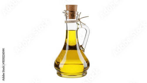 Olive oil in glass bottle isolated PNG, healthy cooking ingredient on transparent background for culinary use and Mediterranean diet