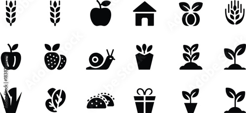 agriculture, food, nature, icons, wheat, apple, strawberry, plant, house, snail, taco, gift, leaf, greens, garden, illustration, vector, design, symbol, community