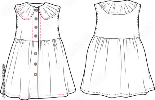 Baby girls buttoned dress flat sketch, pleated collar design, front and back view, fashion technical drawing, children clothing template