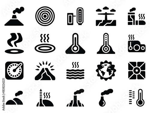 Geothermal Energy and Heat Activity Icons Set – Volcano, Hot Springs, Thermometers, Earth Heat, Renewable Power Symbols