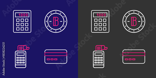 Set line Credit card, Cash register machine, Bitcoin and Calculator icon. Vector