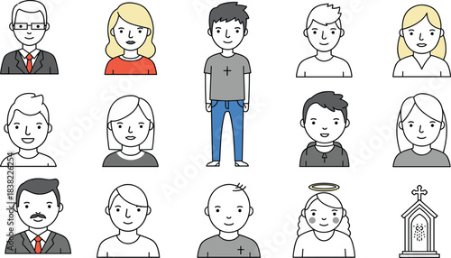 Character relationship chart with gravestone and halo icons, family tree symbolism, cartoon memorial scene, cad drawing flat vector illustration