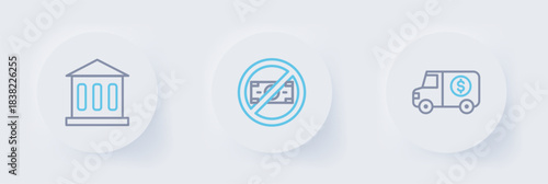 Set line Armored truck, No money and Bank building icon. Vector