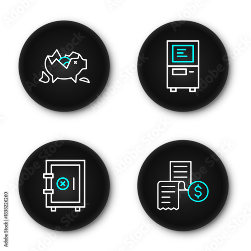 Set line Paper or financial check, Safe, ATM and Broken piggy bank icon. Vector