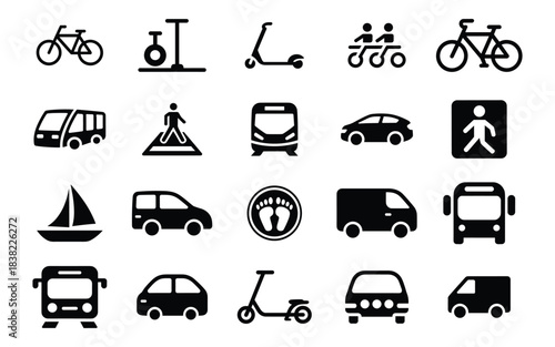 Sustainable Transport and Mobility Bundle – Bicycles, Scooters, Cars, Buses, Walking, Public Transit, Eco Travel Symbols