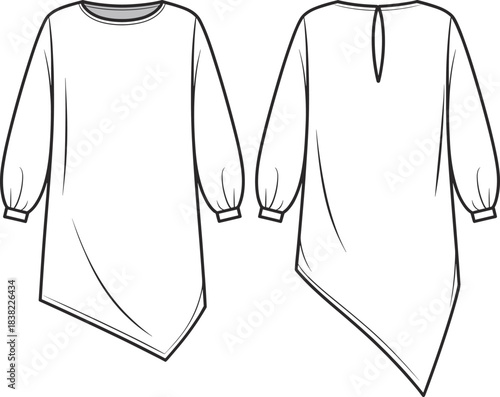 Asymmetrical hem tunic dress flat sketch, long sleeve fashion design, front and back view, technical drawing, vector illustration
