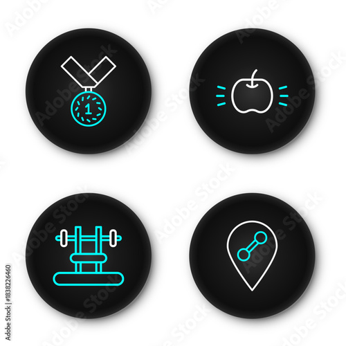 Set line Location gym, Bench with barbel, Apple and Medal icon. Vector