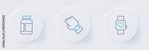 Set line Smart watch, on hand and Sports nutrition icon. Vector