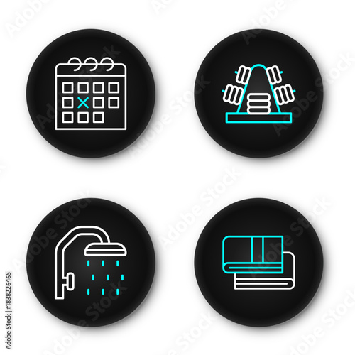 Set line Towel stack, Shower head, Metal rack with weights and Calendar fitness icon. Vector