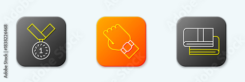 Set line Medal, Smart watch on hand and Towel stack icon. Vector