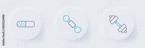 Set line Dumbbell, and Vitamin pill icon. Vector