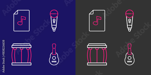 Set line Guitar, Drum, Microphone and Music book with note icon. Vector