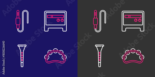 Set line Tambourine, Clarinet, Guitar amplifier and Audio jack icon. Vector