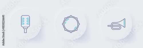 Set line Trumpet, Dial knob level and Microphone icon. Vector