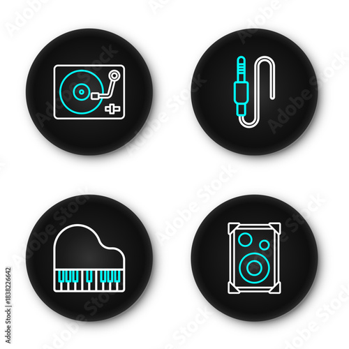 Set line Stereo speaker, Grand piano, Audio jack and Vinyl player with vinyl disk icon. Vector
