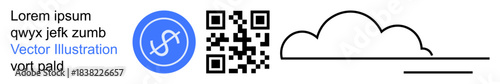Digital marketing, data transfer, cloud services, online authentication, information storage, secure access. QR code, cloud symbol and stylized text. Digital marketing and data transfer ideas