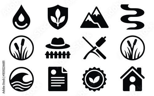 Nature Conservation & Landscape Icons — Water, Mountains, Wetlands, Agriculture Tools, Eco Badges & Sustainable Living Symbols