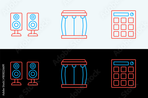 Set line Drum machine, Stereo speaker and icon. Vector