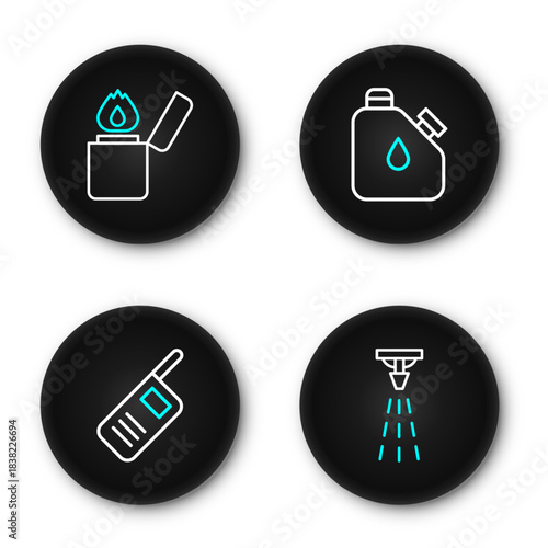 Set line Fire sprinkler, Walkie talkie, Canister fuel and Lighter icon. Vector