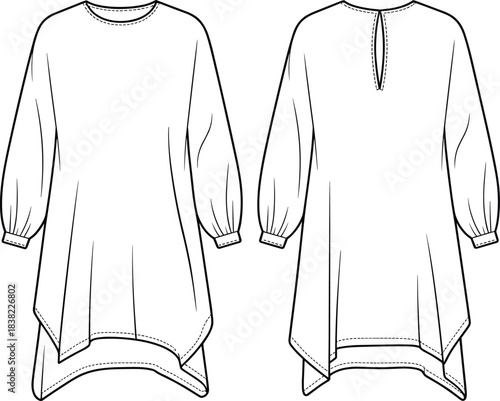 Asymmetrical hem long sleeve tunic dress with gathered cuffs and back slit, kids fashion flat sketch, technical vector drawing